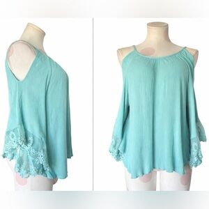 Boho Coastal Lace Cold Shoulder Altar’d State Blouse – Aqua Teal – M